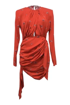 Coral draped silk-blend floral print wrap-effect long sleeve mini dress with keyhole bodice and sarong-style skirt