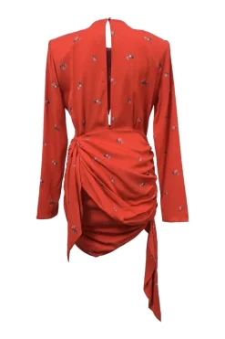 Coral draped silk-blend floral print wrap-effect long sleeve mini dress with keyhole bodice and sarong-style skirt