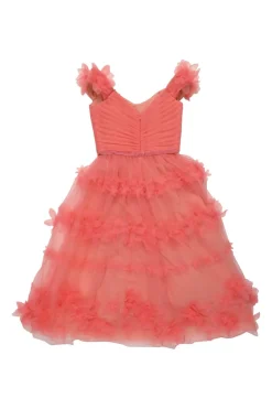 Coral layered nylon tulle off shoulder portrait collar A-line dress with draped bodice and tonal floral appliqué