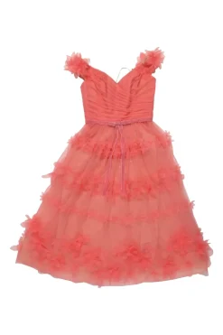 Coral layered nylon tulle off shoulder portrait collar A-line dress with draped bodice and tonal floral appliqué