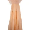 Coral orange lace sleeveless pleated midi dress with plunging neckline and open back