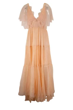 Coral orange lace sleeveless pleated midi dress with plunging neckline and open back