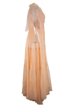 Coral orange lace sleeveless pleated midi dress with plunging neckline and open back