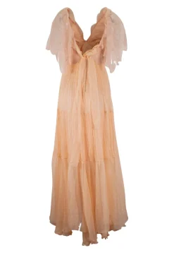 Coral orange lace sleeveless pleated midi dress with plunging neckline and open back