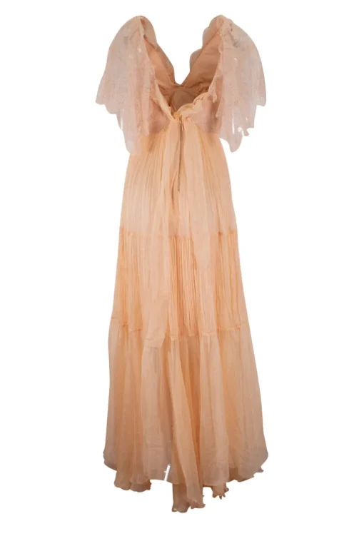 Coral orange lace sleeveless pleated midi dress with plunging neckline and open back