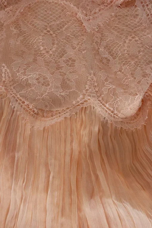 Coral orange lace sleeveless pleated midi dress with plunging neckline and open back