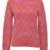 Coral pink and lilac cashmere mock neck 'H Rond' intarsia knit pullover sweater