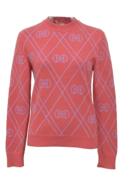Coral pink and lilac cashmere mock neck 'H Rond' intarsia knit pullover sweater
