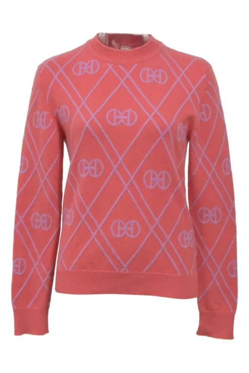 Coral pink and lilac cashmere mock neck 'H Rond' intarsia knit pullover sweater
