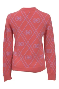Coral pink and lilac cashmere mock neck 'H Rond' intarsia knit pullover sweater