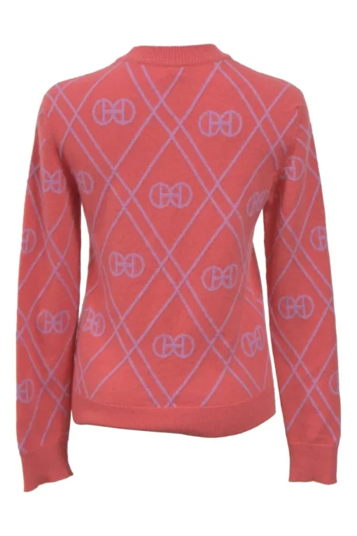 Coral pink and lilac cashmere mock neck 'H Rond' intarsia knit pullover sweater