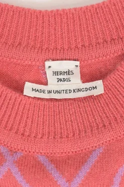 Coral pink and lilac cashmere mock neck 'H Rond' intarsia knit pullover sweater