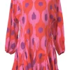 Coral pink and red abstract batik print balloon-sleeve mini shift dress with keyhole back and godet skirt inserts
