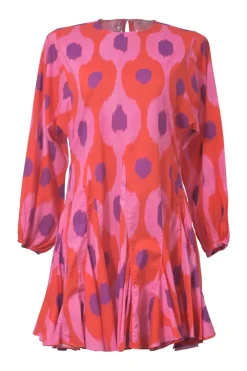 Coral pink and red abstract batik print balloon-sleeve mini shift dress with keyhole back and godet skirt inserts