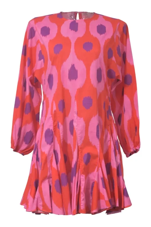 Coral pink and red abstract batik print balloon-sleeve mini shift dress with keyhole back and godet skirt inserts