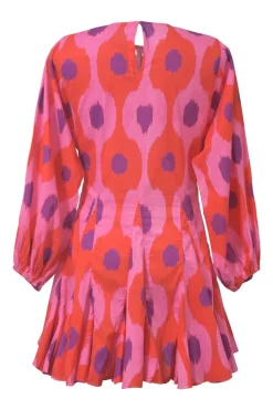 Coral pink and red abstract batik print balloon-sleeve mini shift dress with keyhole back and godet skirt inserts