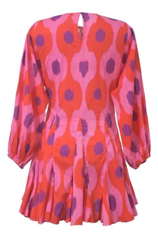 Coral pink and red abstract batik print balloon-sleeve mini shift dress with keyhole back and godet skirt inserts