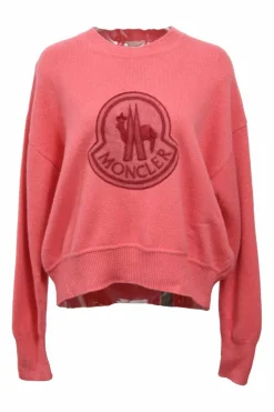Coral pink embellished wool-blend jersey knit wool-blend crewneck drop-shoulder pullover Maglione sweater featuring front logo patch appliqué