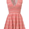 Coral pink fully-fashioned slash knit plunge neck skater dress