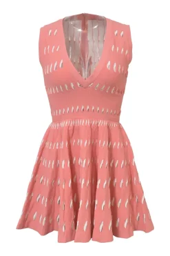 Coral pink fully-fashioned slash knit plunge neck skater dress