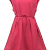 Coral pink piqué knit cap sleeve A-line dress with adjustable tie-waist fastening