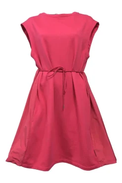 Coral pink piqué knit cap sleeve A-line dress with adjustable tie-waist fastening