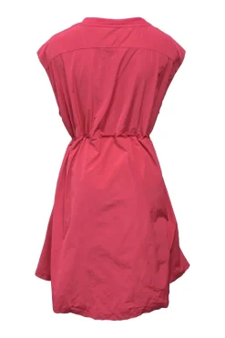 Coral pink piqué knit cap sleeve A-line dress with adjustable tie-waist fastening