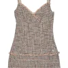 Coral polyamide-wool blend bouclé tweed check wrap-effect bustier mini dress