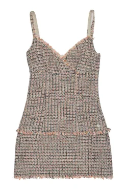 Coral polyamide-wool blend bouclé tweed check wrap-effect bustier mini dress