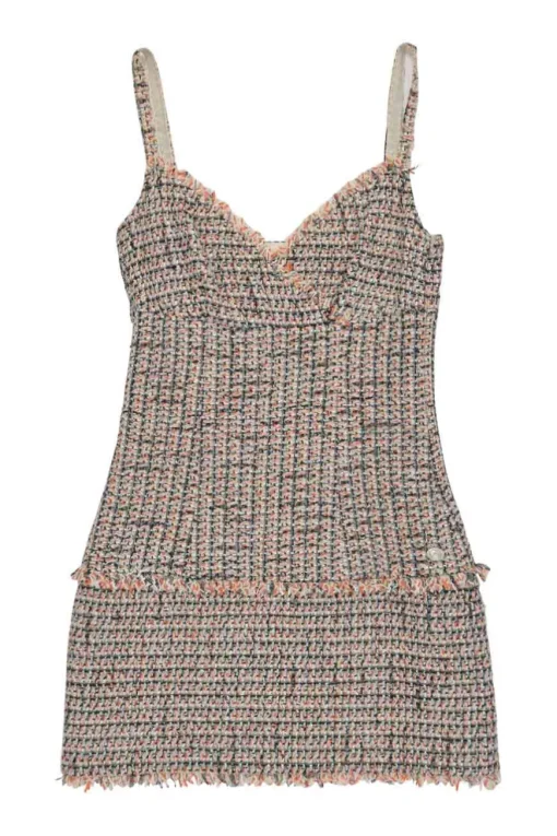 Coral polyamide-wool blend bouclé tweed check wrap-effect bustier mini dress