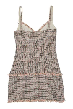 Coral polyamide-wool blend bouclé tweed check wrap-effect bustier mini dress