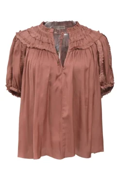 Coral polyester chalis tie-neck keyhole front short sleeve peasant blouse with ruffle trim detailing
