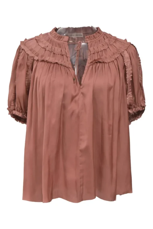 Coral polyester chalis tie-neck keyhole front short sleeve peasant blouse with ruffle trim detailing