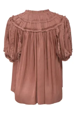 Coral polyester chalis tie-neck keyhole front short sleeve peasant blouse with ruffle trim detailing