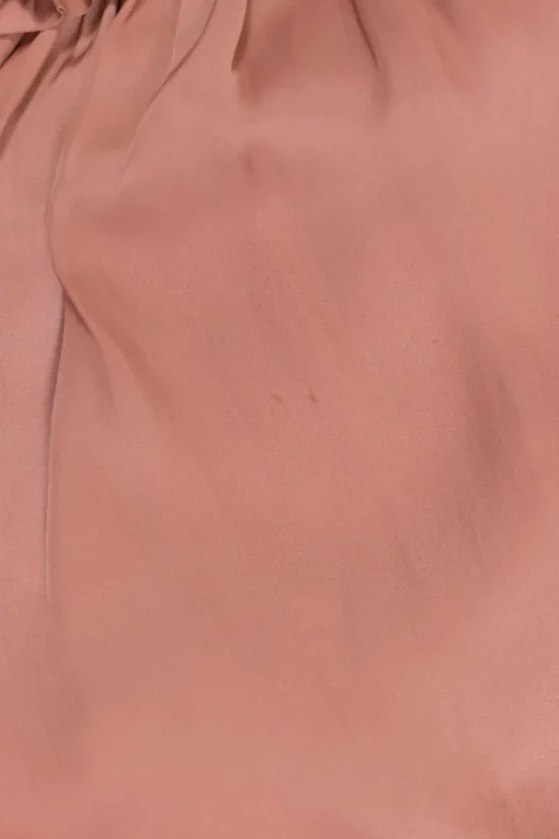 Coral polyester chalis tie-neck keyhole front short sleeve peasant blouse with ruffle trim detailing