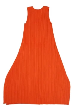 Coral polyester maxi plissé tent dress with side vents