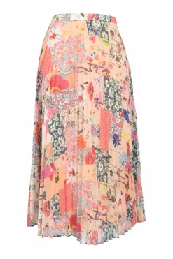 Coral polyester patchwork floral print pull-on A-line plissé midi skirt