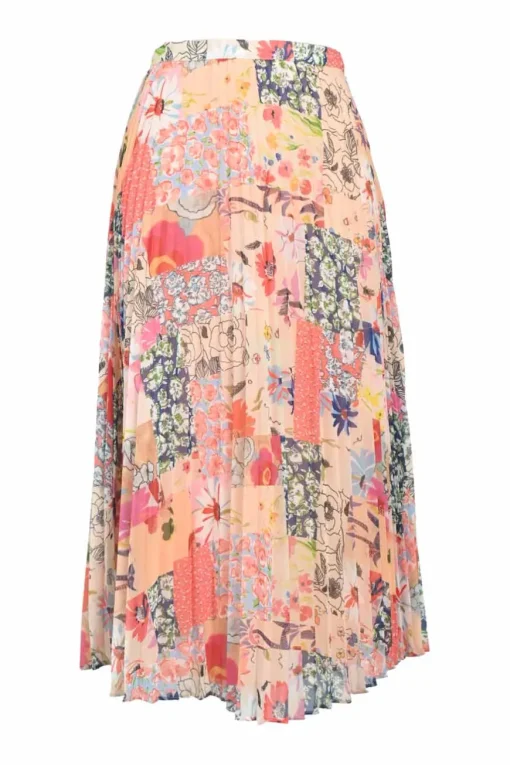 Coral polyester patchwork floral print pull-on A-line plissé midi skirt