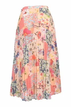 Coral polyester patchwork floral print pull-on A-line plissé midi skirt