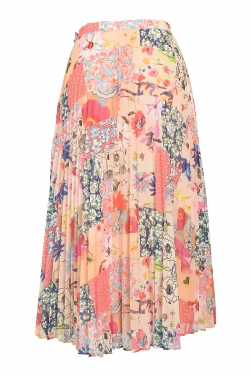 Coral polyester patchwork floral print pull-on A-line plissé midi skirt