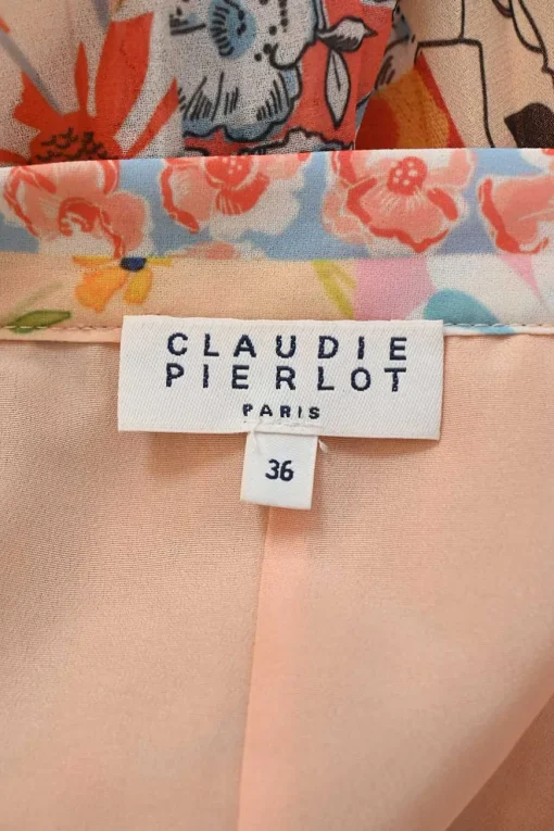 Coral polyester patchwork floral print pull-on A-line plissé midi skirt