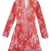 Coral polyester-blend floral print wrap-effect A-line mini dress