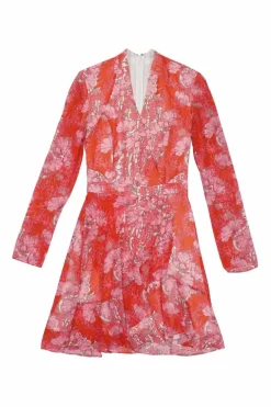 Coral polyester-blend floral print wrap-effect A-line mini dress