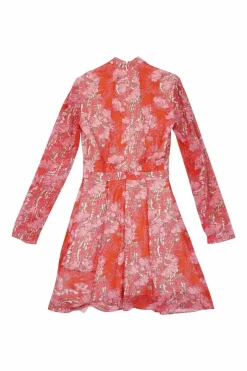 Coral polyester-blend floral print wrap-effect A-line mini dress