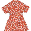 Coral red and blue silk leaf print belted short sleeve shirt dress with point collar and chest patch pockets