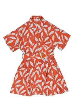 Coral red and blue silk leaf print belted short sleeve shirt dress with point collar and chest patch pockets