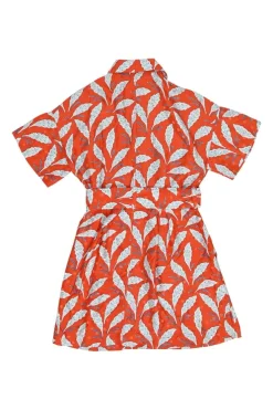 Coral red and blue silk leaf print belted short sleeve shirt dress with point collar and chest patch pockets