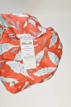 Coral red and blue silk leaf print belted short sleeve shirt dress with point collar and chest patch pockets
