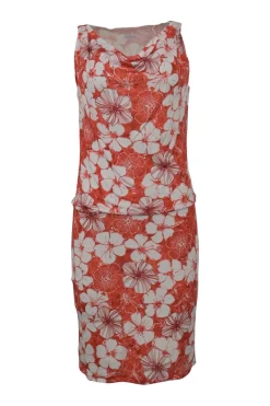 Coral red draped viscose-blend floral print jersey knit cowl sleeveless knee-length dress