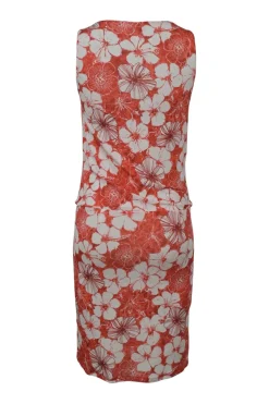 Coral red draped viscose-blend floral print jersey knit cowl sleeveless knee-length dress